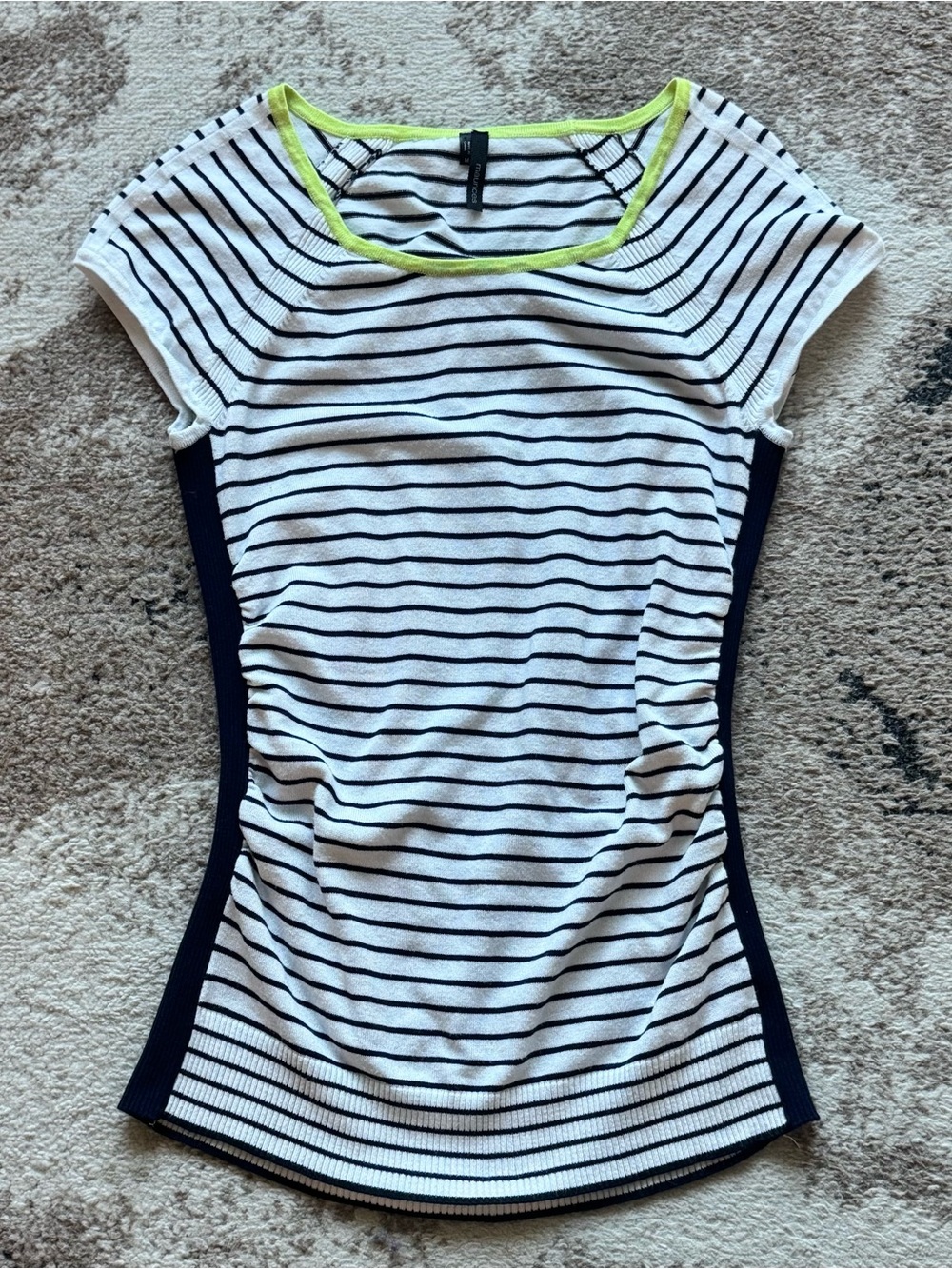 Maurice’s Y2K Striped Contrast Side Tee in White and Navy with Lime Trim Size M